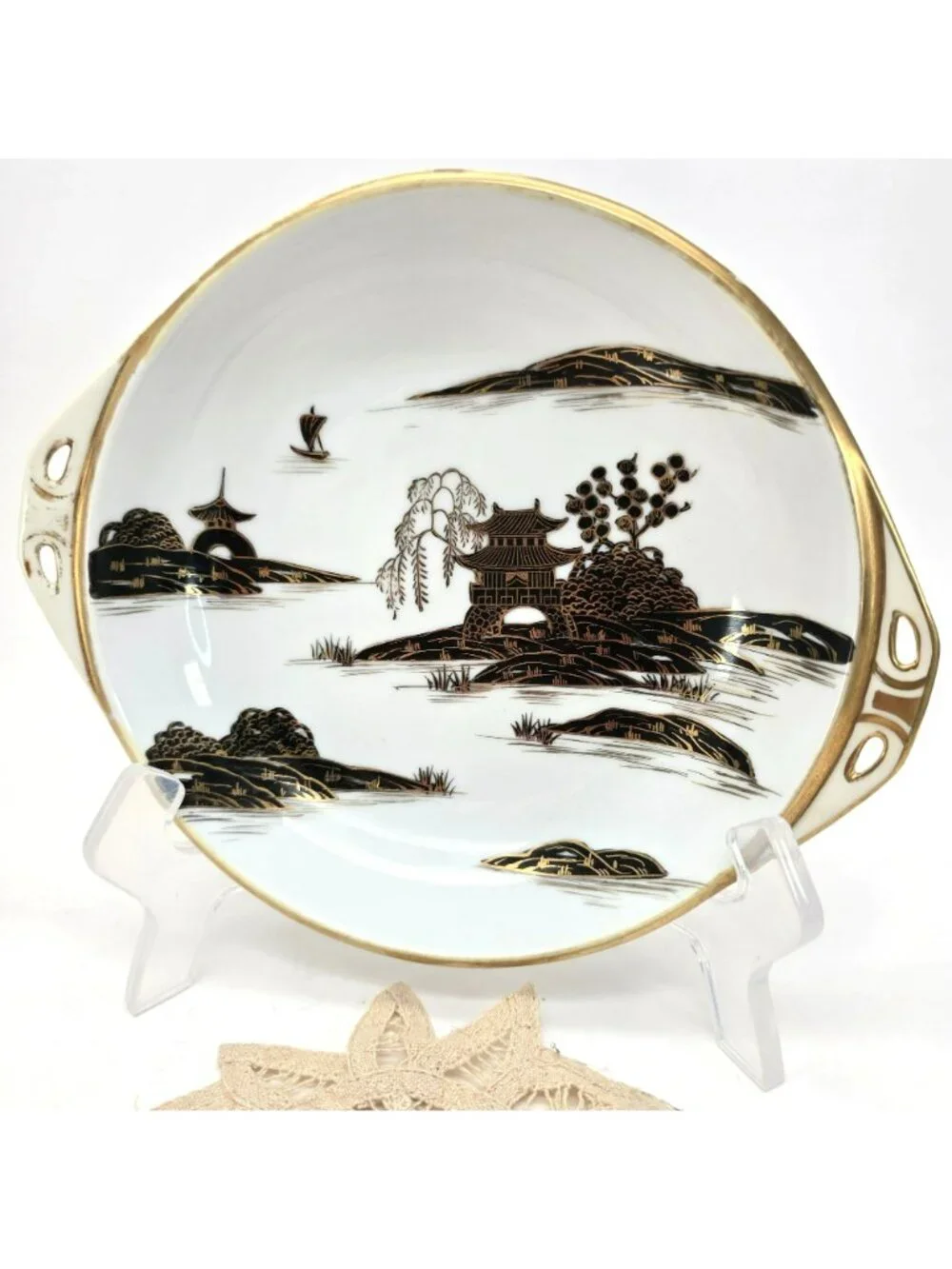 Vintage Nippon Japanese Porcelain Serving Bowl Gold Black Landscape Doily je173